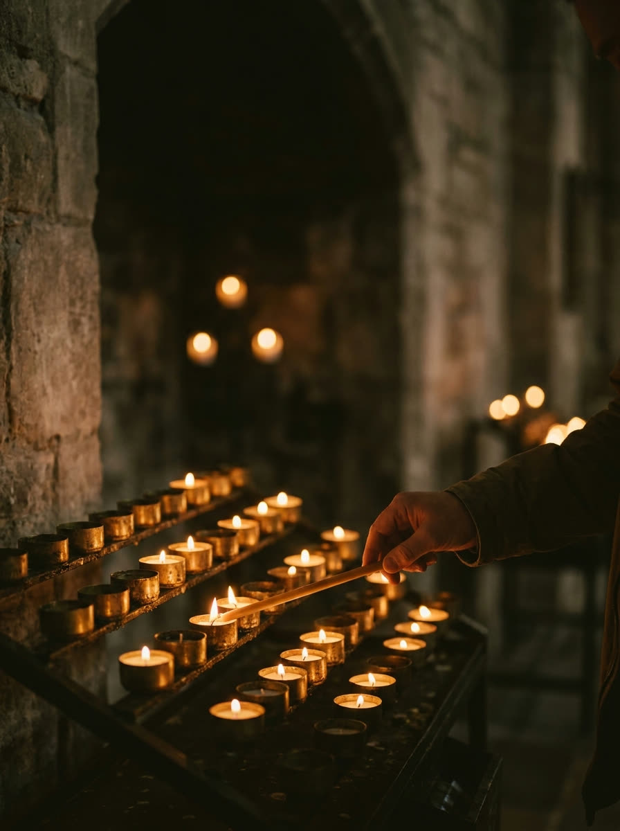 Rows of votive candles glowing in a stone alcove