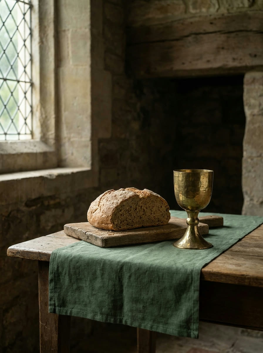 Bread and a brass chalice on a linen-covered table in soft window light