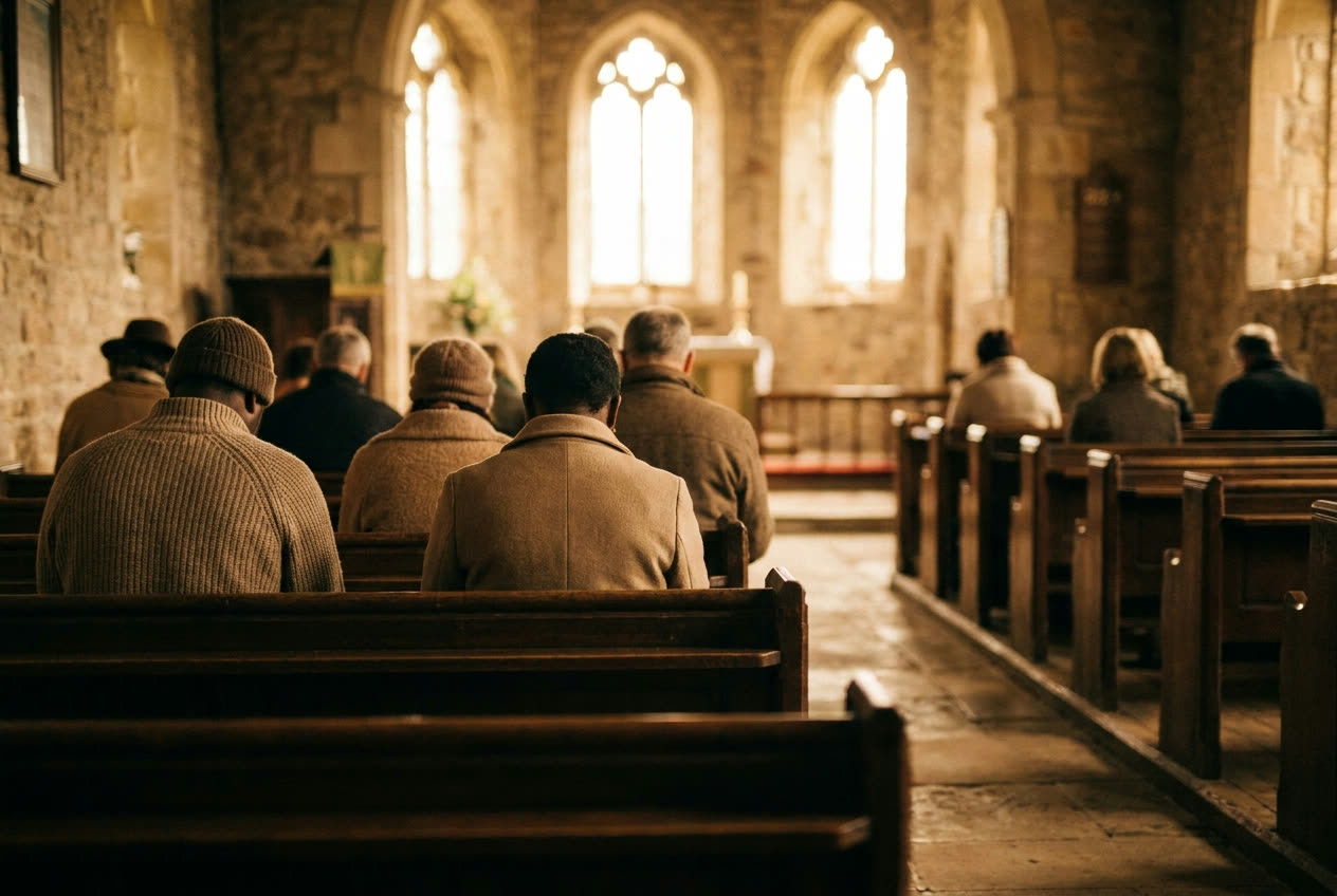 The congregation seated in wooden pews facing warm window light