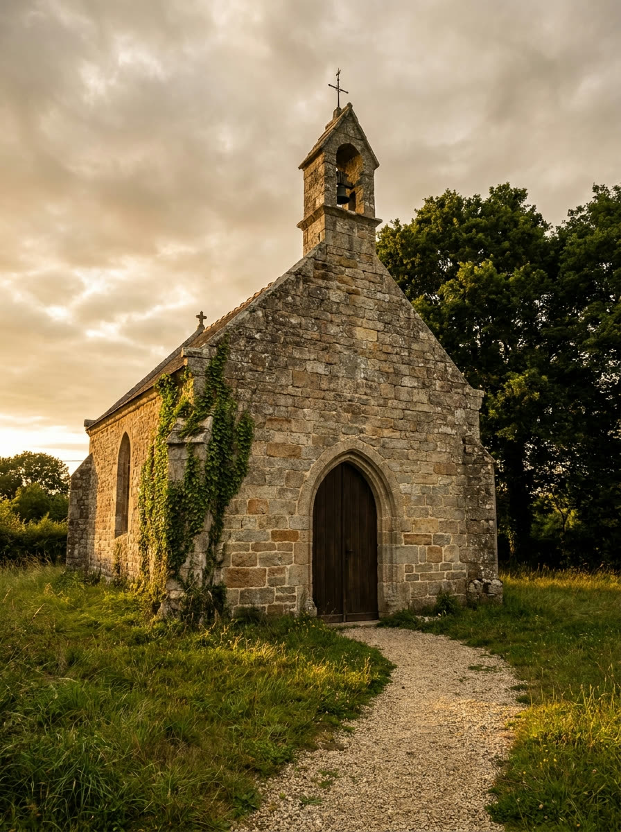 The chapel's stone facade and pointed doorway from the gravel path