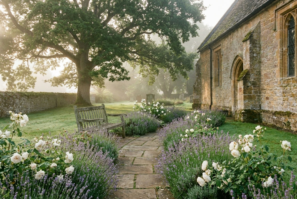 A flagstone path through the churchyard garden in morning mist