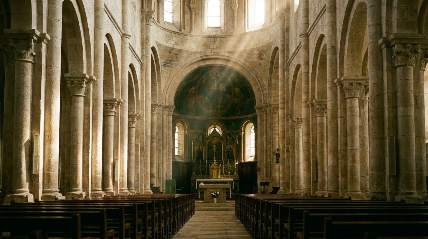 Light falling across the nave of the stone church