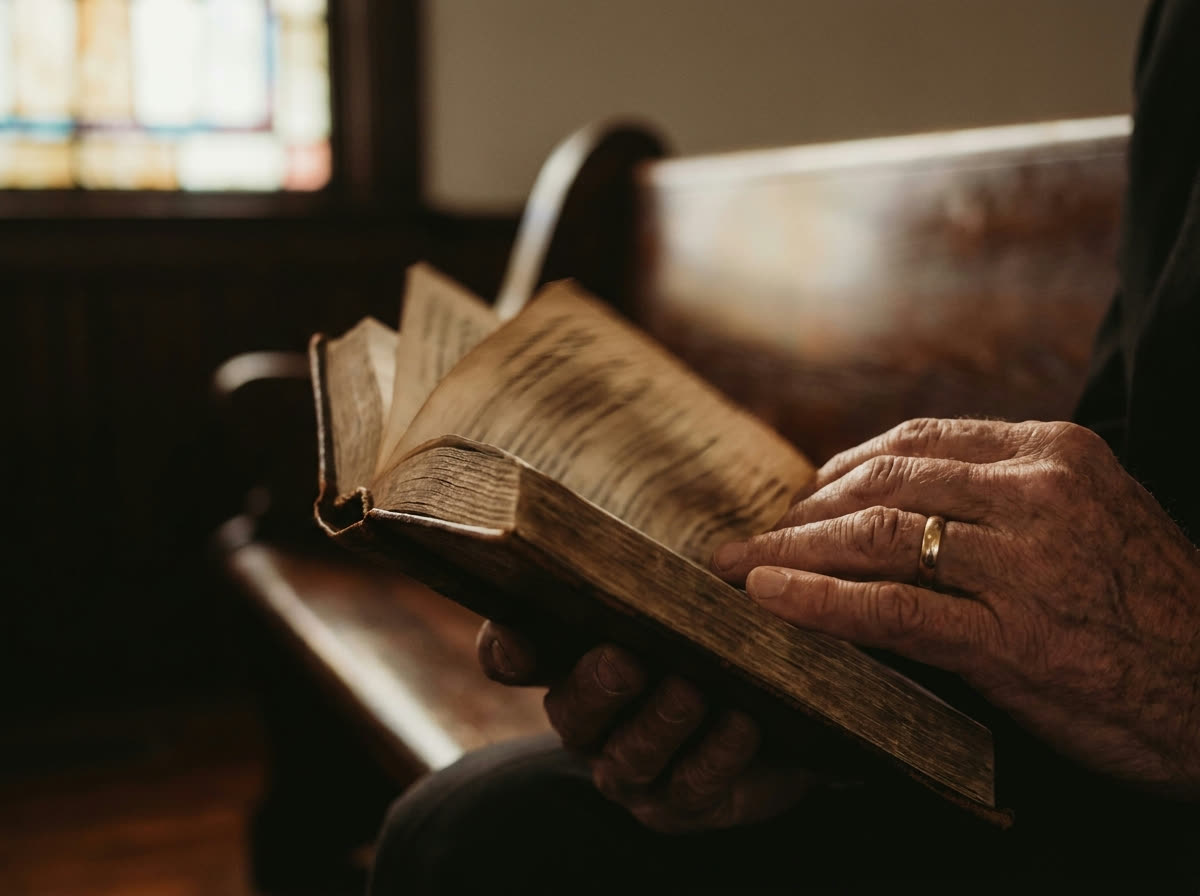 Weathered hands holding an open hymn book in warm window light