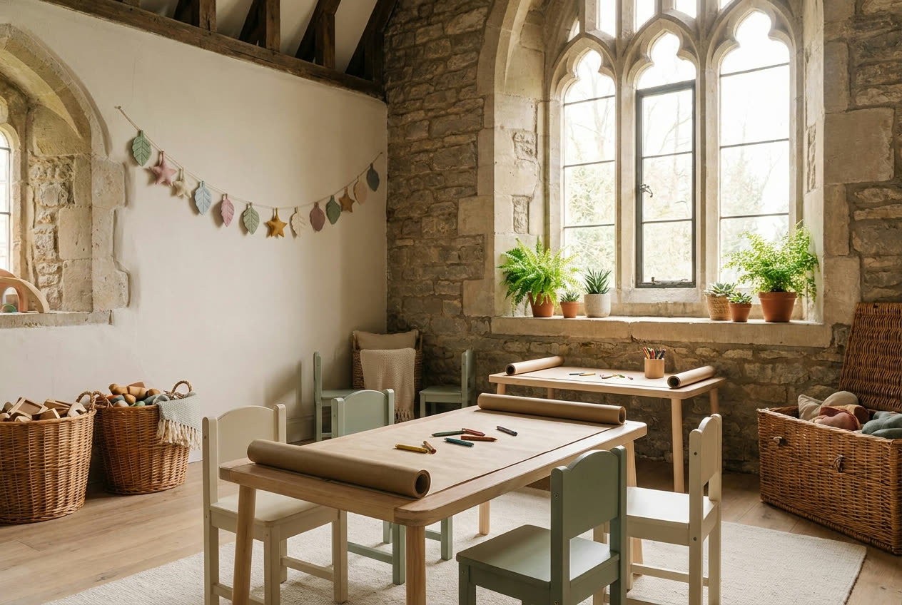 A bright children's room with wooden tables and an arched window